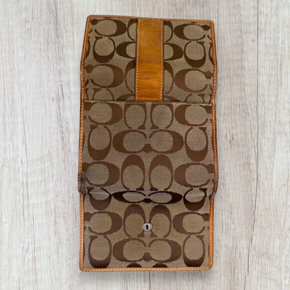 Coach Signature Canvas Leather Trim Bifold Checkbook Wallet Brown Khaki - Picture 4 of 9